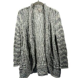 Chico's Women's‎ Jacket Size Large Weave Ribbon Gray Ivory Open Knit Long Sleeve